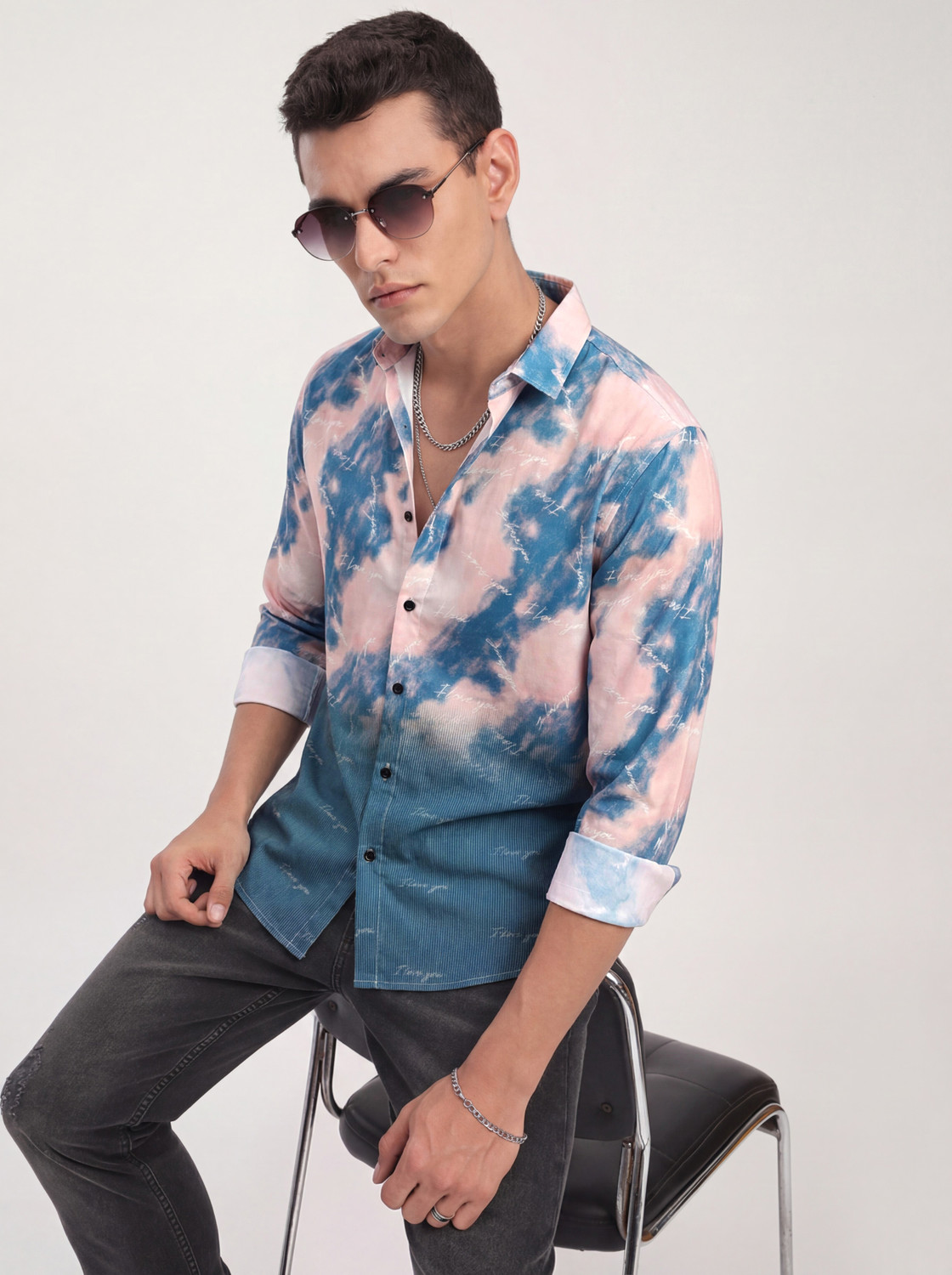 Image of FABDECK Men Dyed /Ombre, Printed, Striped Casual Blue Shirt