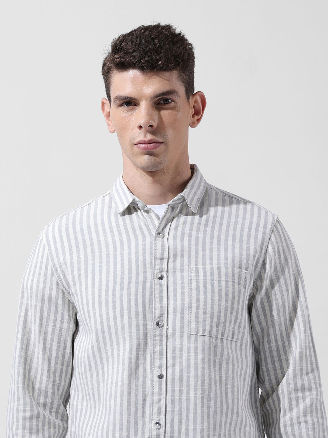 Image of The Indian Garage Co. Men Striped Casual Grey Shirt