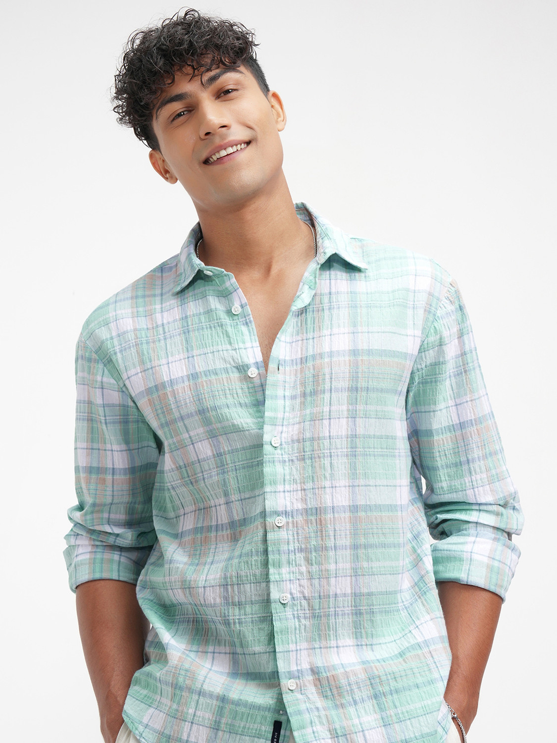 Image of HIGHLANDER Men Checkered Casual Green Shirt
