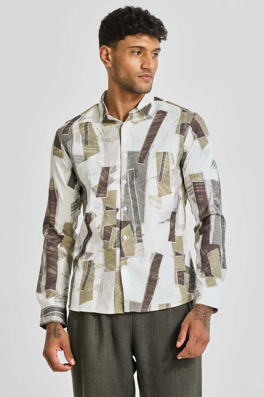 Image of Snitch Men Self Design Casual Green Shirt
