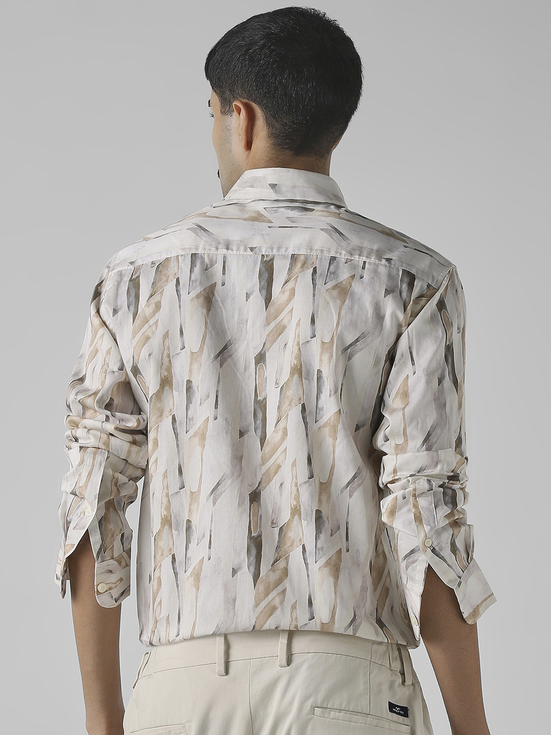 Image of MUFTI Men Printed Casual Beige, White Shirt