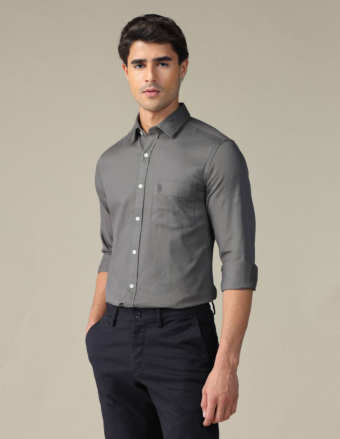U.S. POLO ASSN. Men Solid Casual Grey Shirt - Image 2