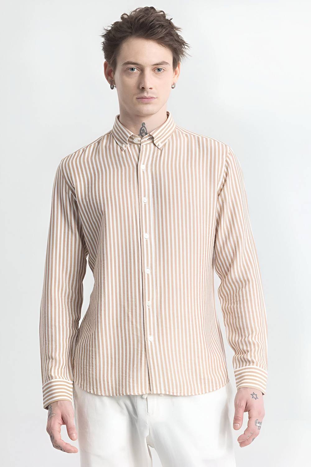 RODEIZ Men Beige Striped Casual Shirt - Image 4