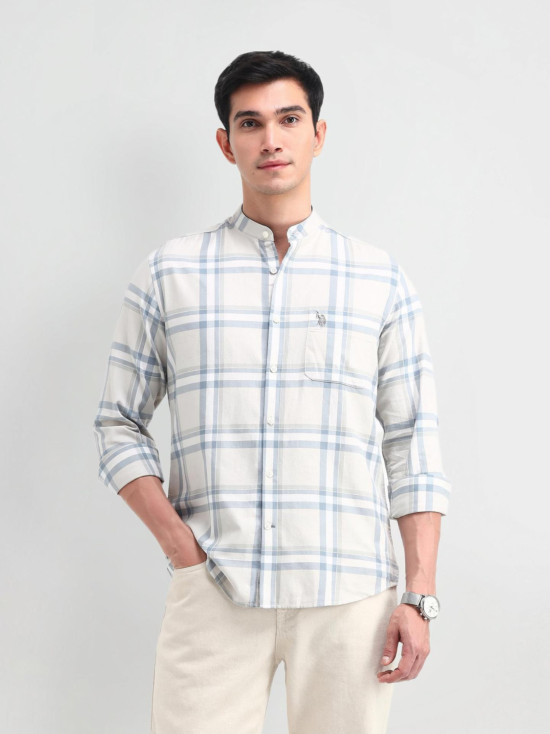 Image of U.S. POLO ASSN. Men Checkered Casual Beige Shirt