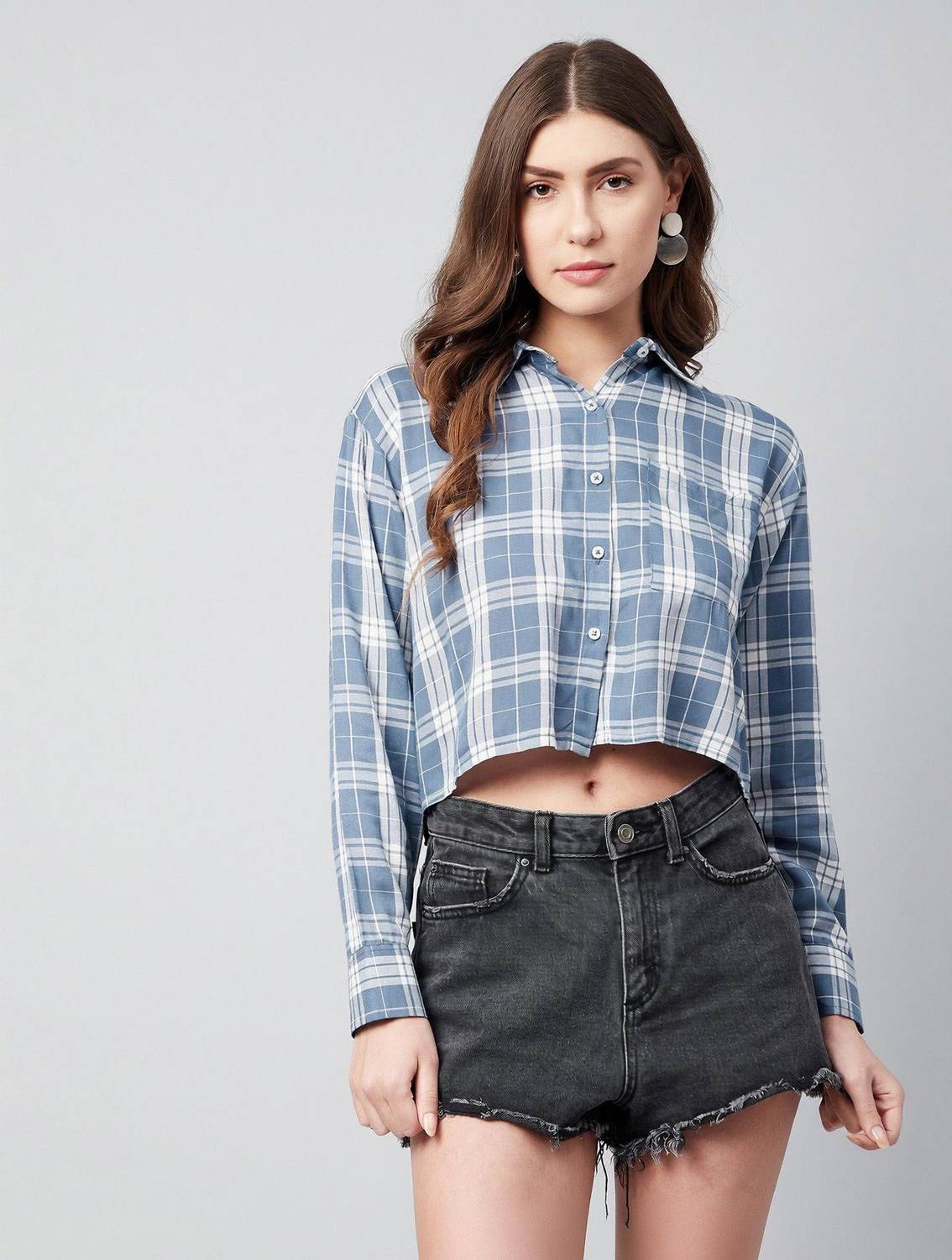 Chimpaaanzee Women Checkered Casual Blue Shirt