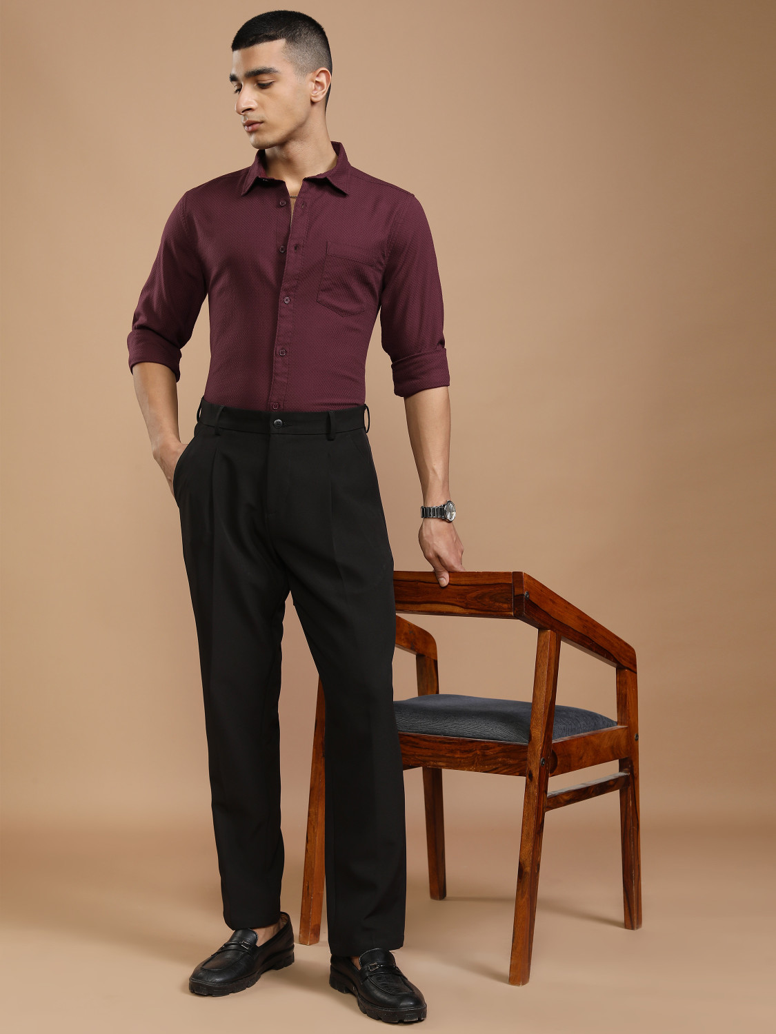 Image of HIGHLANDER Men Self Design Casual Red Shirt