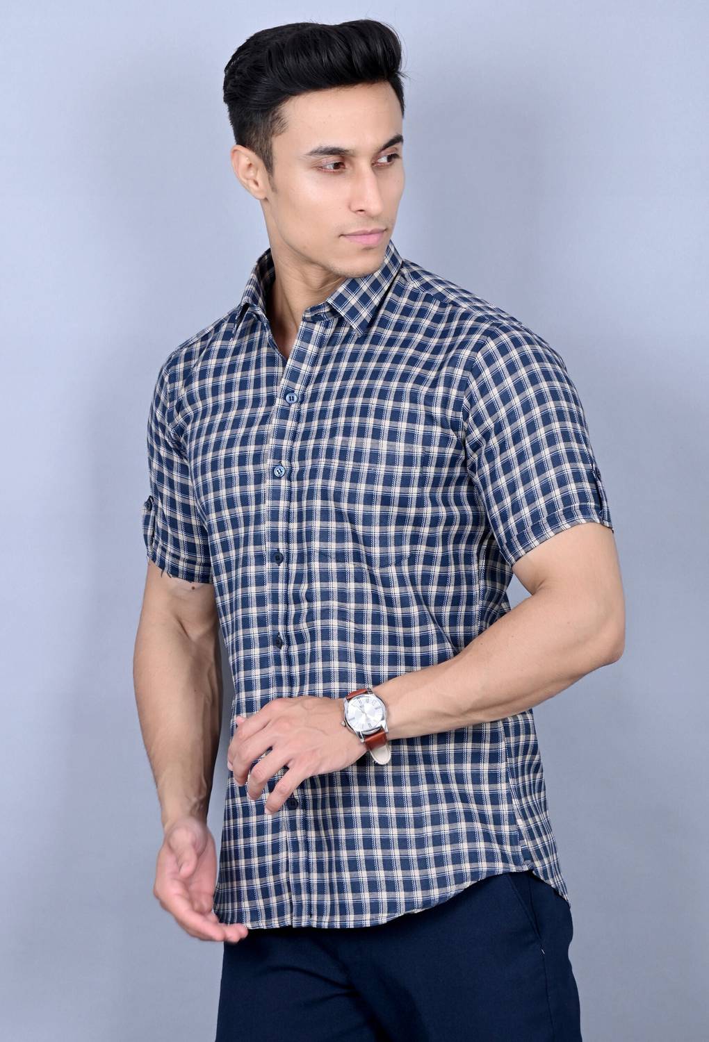 BlackLilly Men Checkered Formal Cream, Dark Blue Shirt