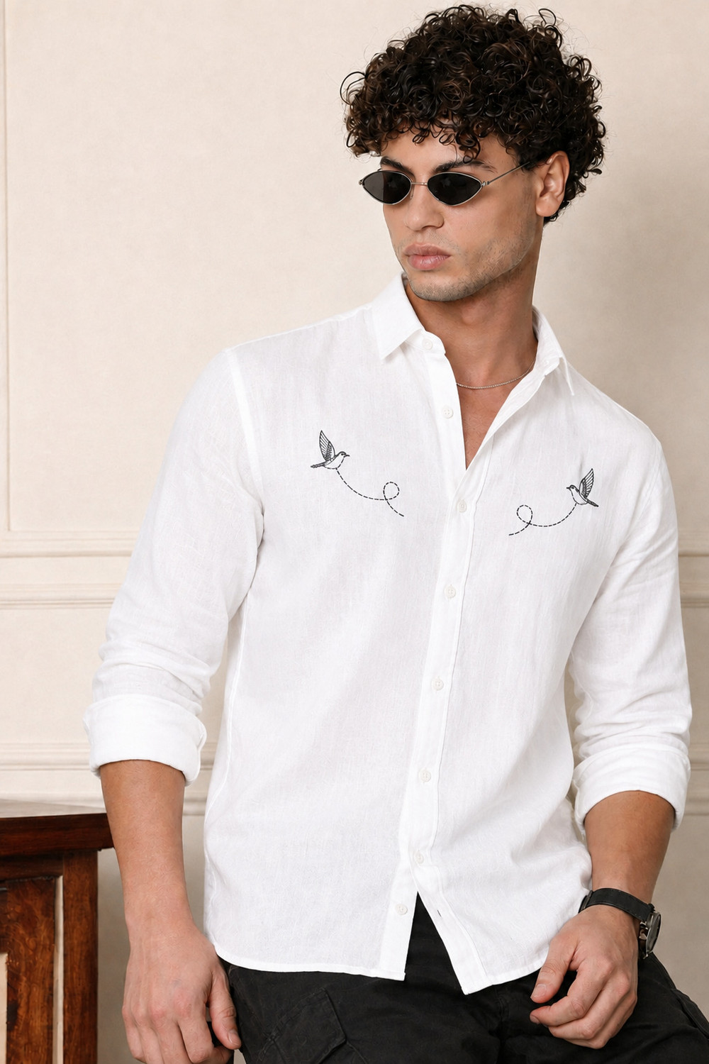 Image of COMBRAIDED Men Floral Print Casual White Shirt