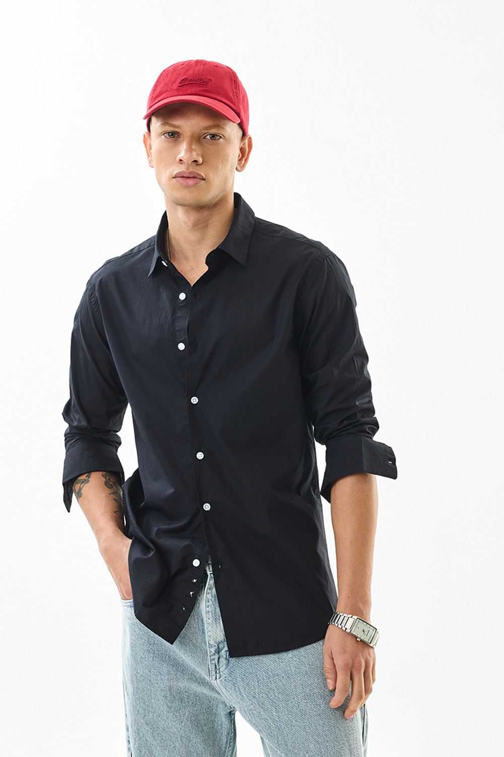 Image of Snitch Men Solid Casual Black Shirt