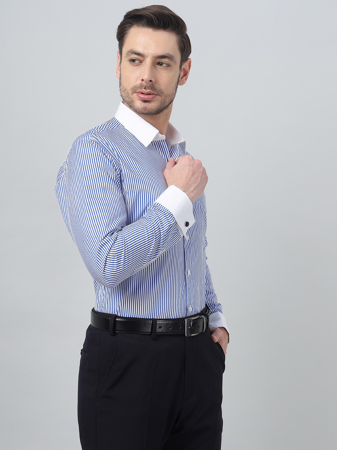 Image of Hancock Men Striped Formal White Shirt