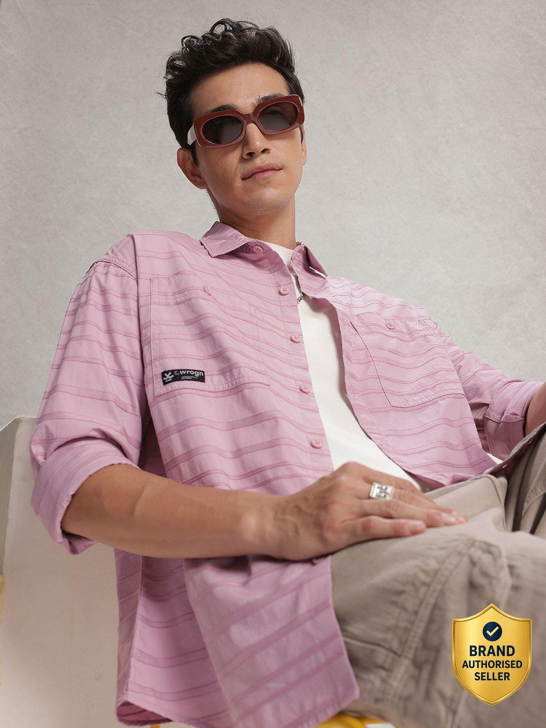 Image of WROGN Men Self Design Casual Pink Shirt