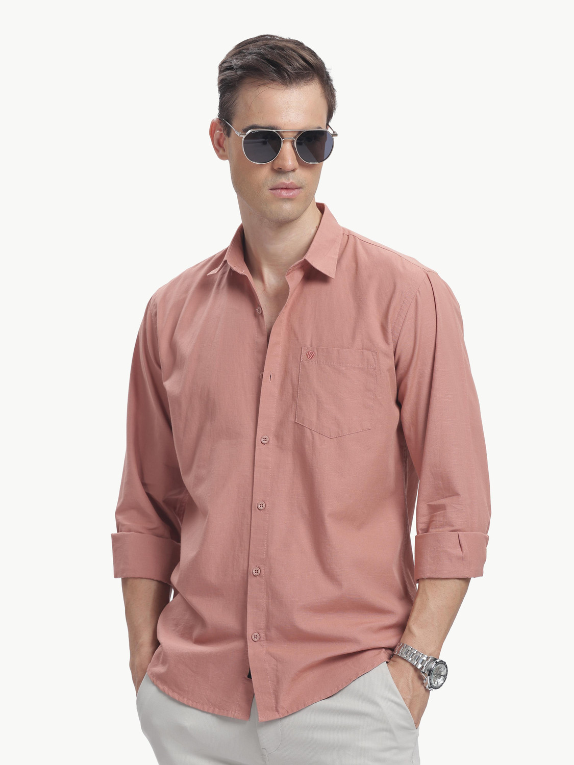 Image of BLUE SQUAD Men Solid Casual Pink Shirt