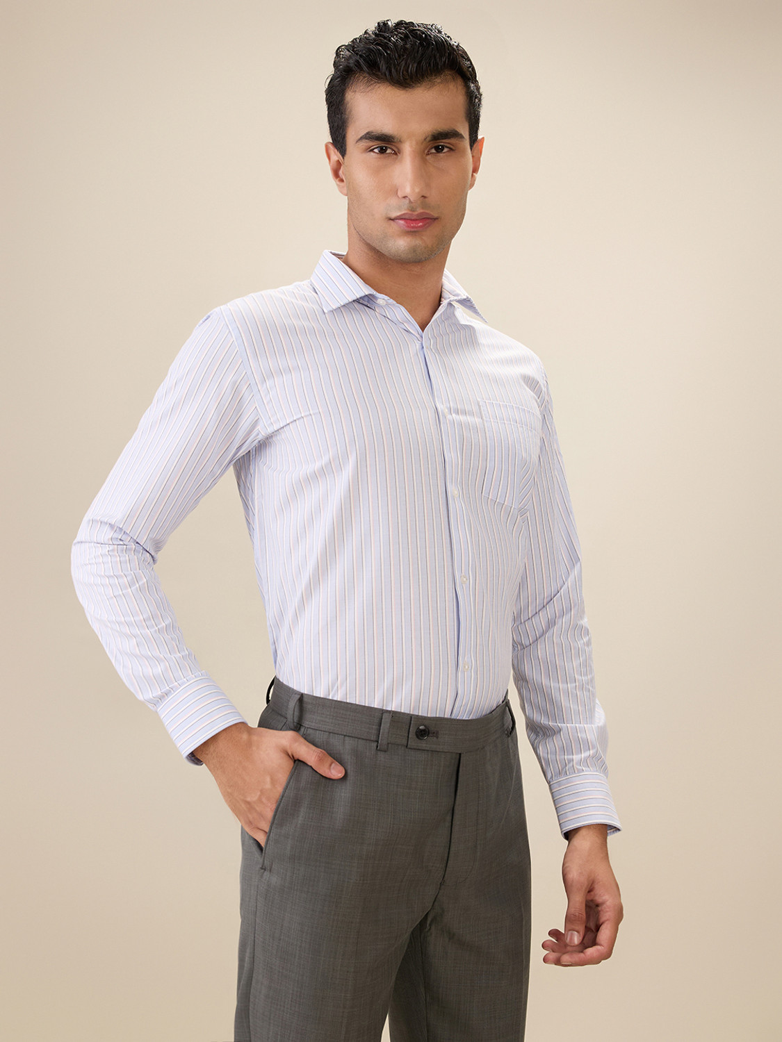 Image of PARK AVENUE Men Striped Formal Light Blue Shirt