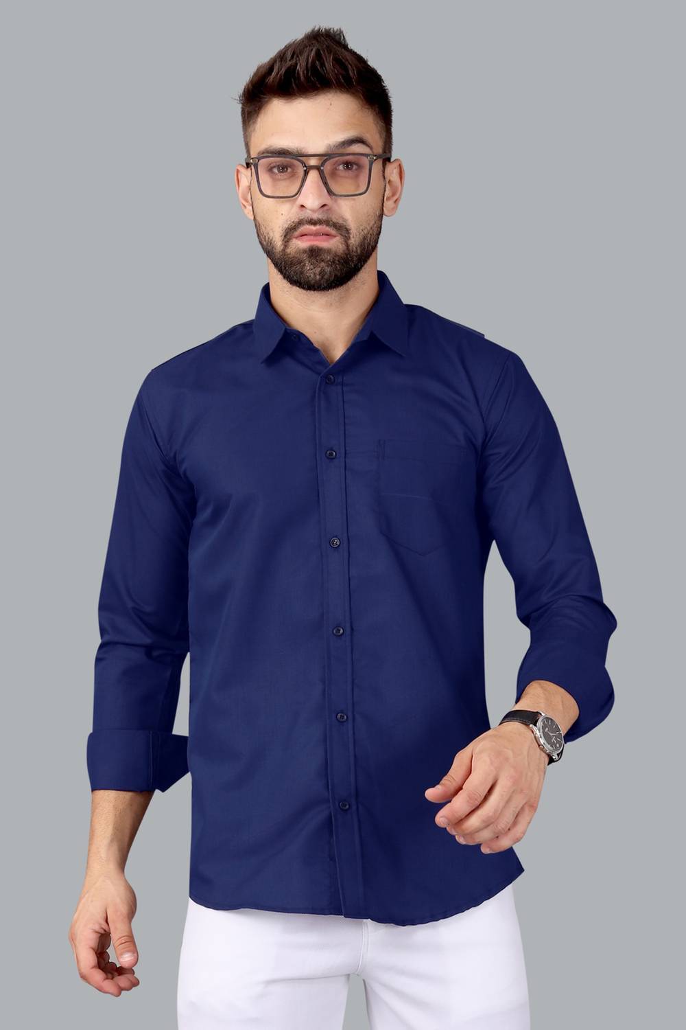 ALMORA Men Solid Formal Blue Shirt