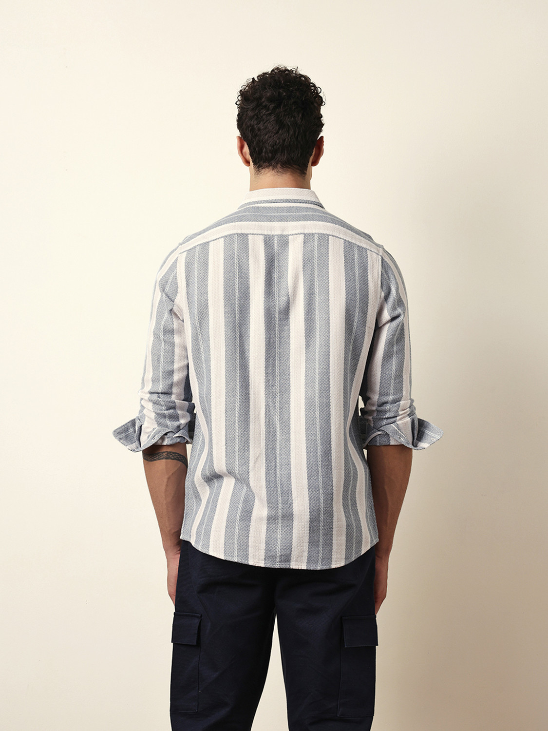 Image of THE BEAR HOUSE Men Striped Casual Grey, White Shirt