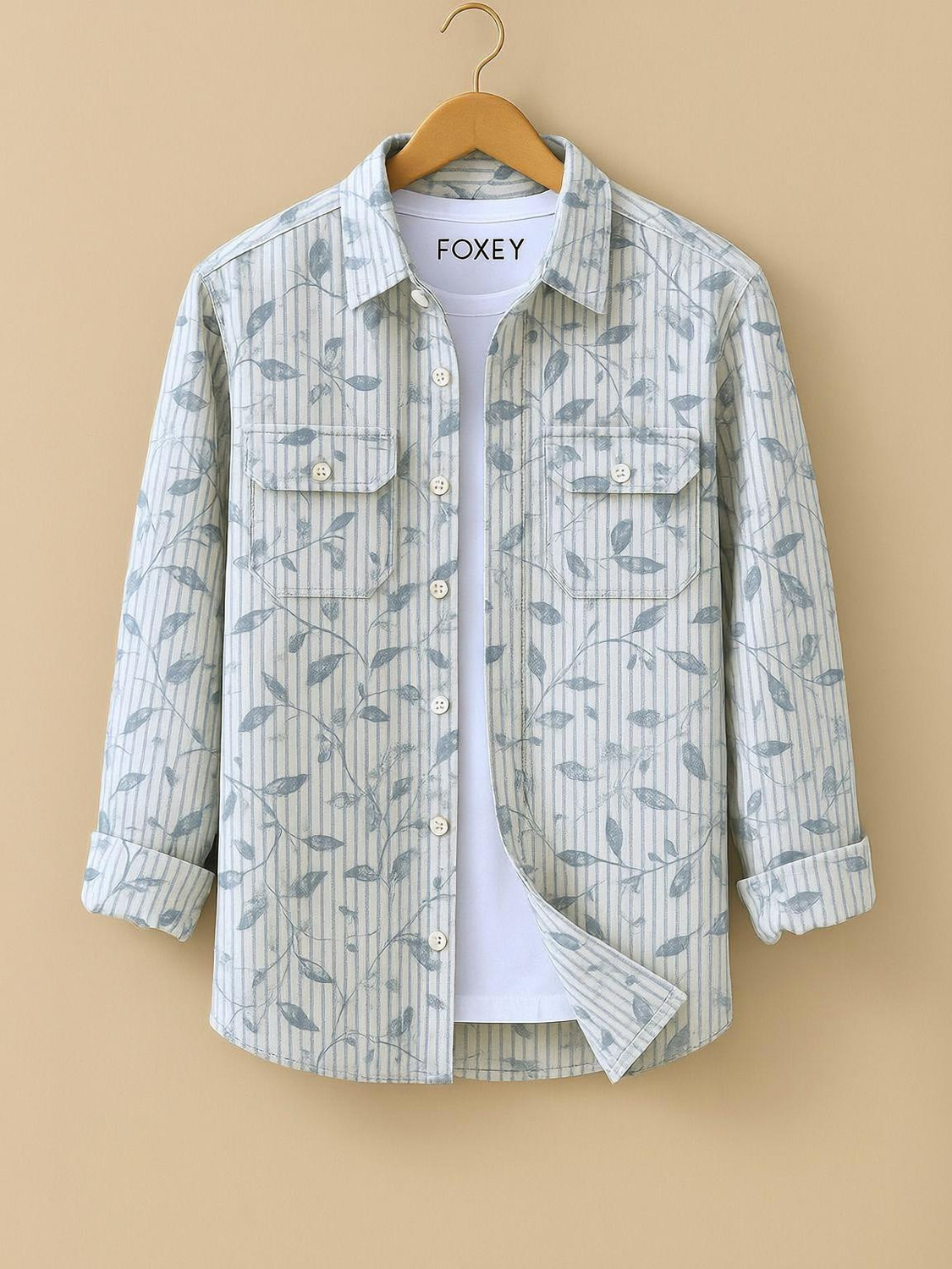 Image of FOXEY Men Floral Print Casual Blue Shirt
