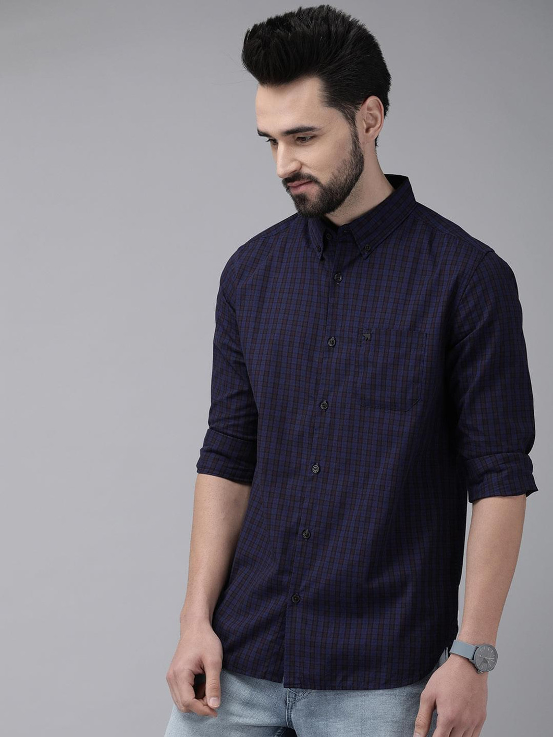 Image of THE BEAR HOUSE Men Checkered Casual Blue Shirt