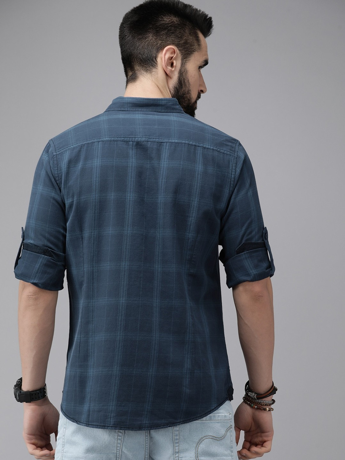 Image of Roadster Men Checkered Casual Dark Blue Shirt