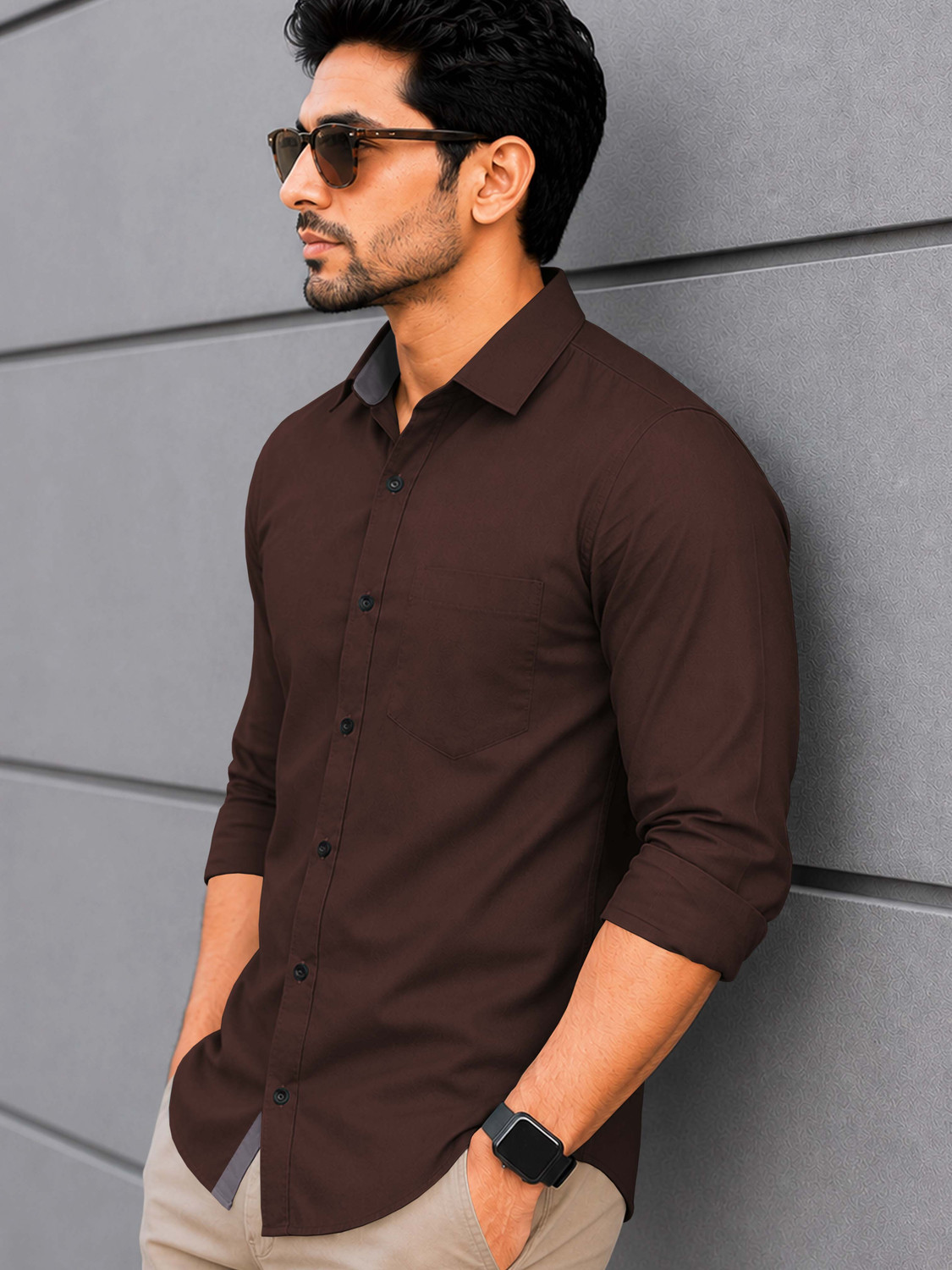 Image of VeBNoR Men Solid Casual Brown Shirt
