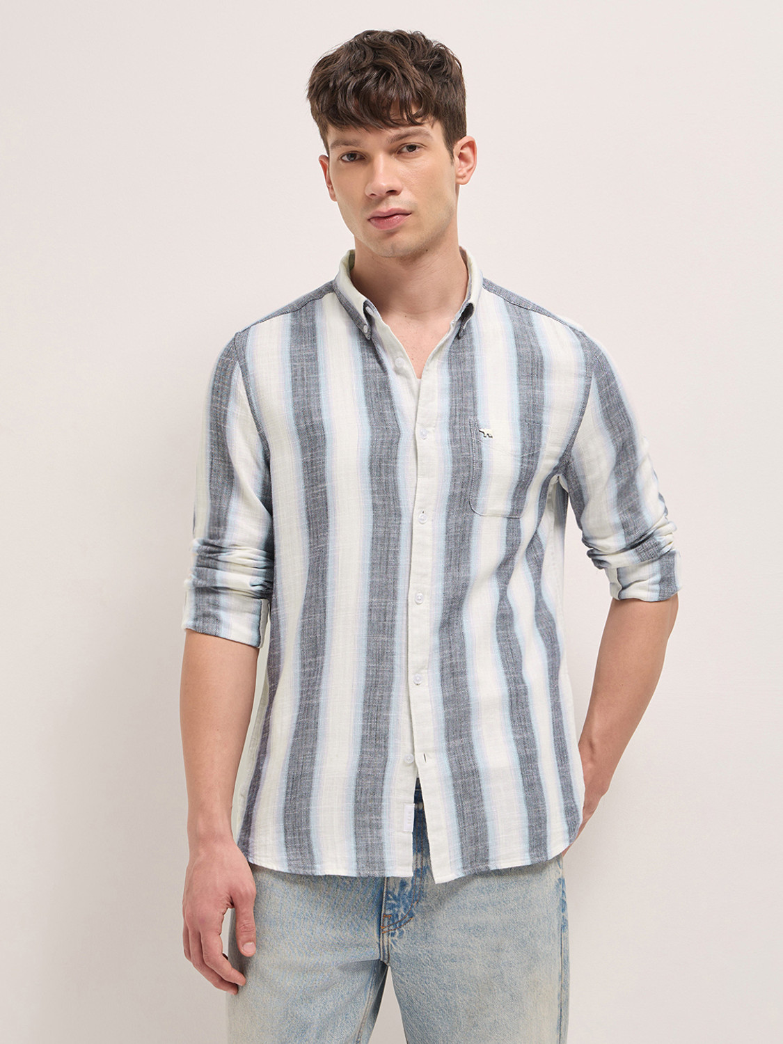 Image of THE BEAR HOUSE Men Striped Casual Blue Shirt