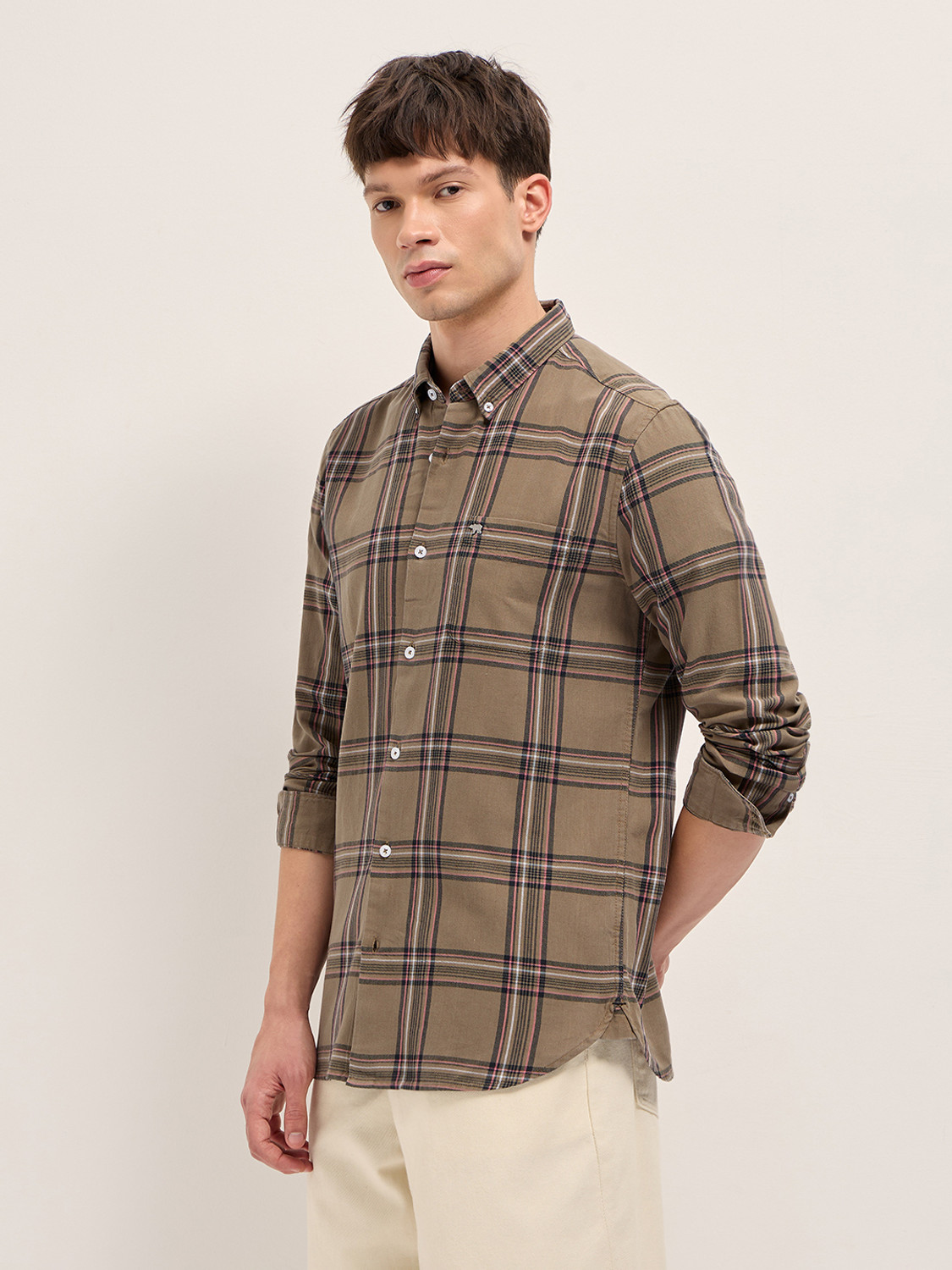 Image of THE BEAR HOUSE Men Checkered Casual Brown Shirt