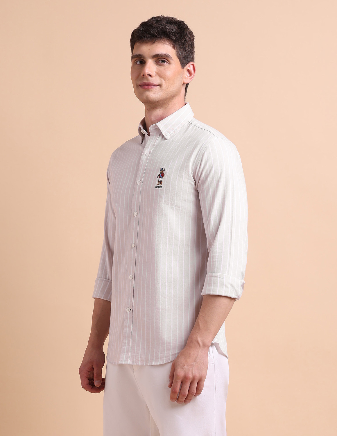 Image of U.S. POLO ASSN. Men Striped Casual Beige Shirt