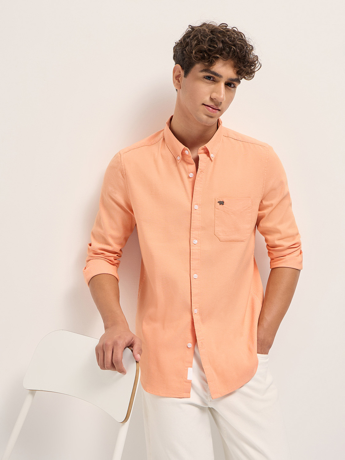 Image of THE BEAR HOUSE Men Solid Casual Orange Shirt