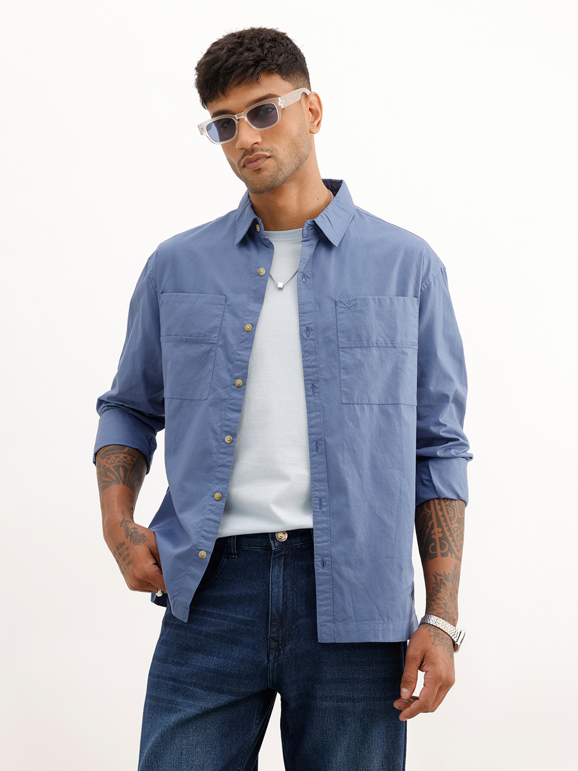 Image of WROGN Men Solid Casual Blue Shirt