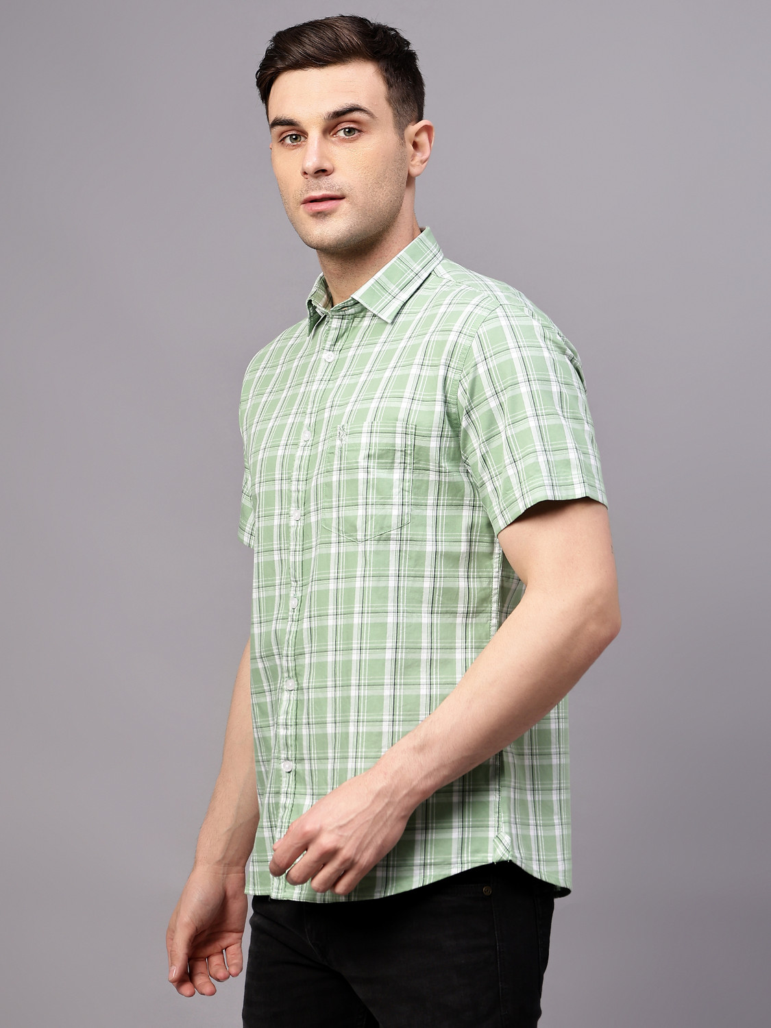 Image of CANTABIL Men Checkered Casual Green, Black, White Shirt