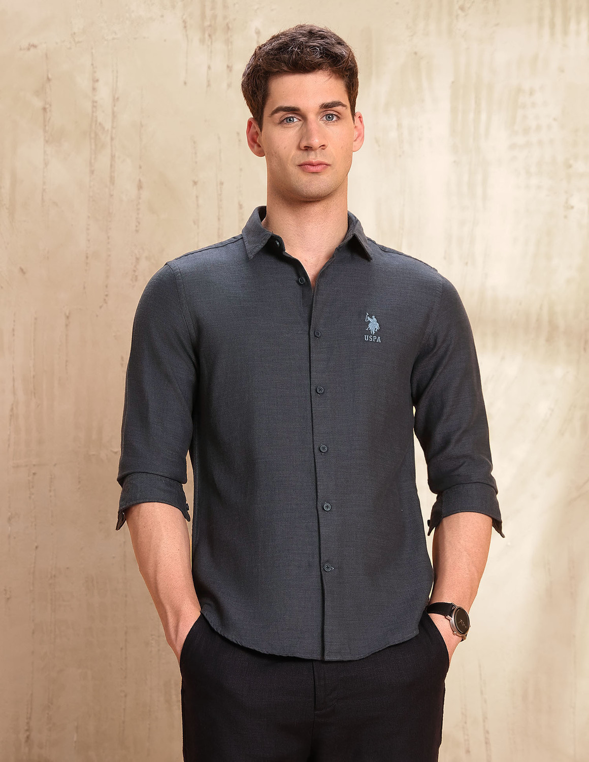 Image of U.S. Polo Assn. Denim Co. Men Self Design Casual Grey Shirt
