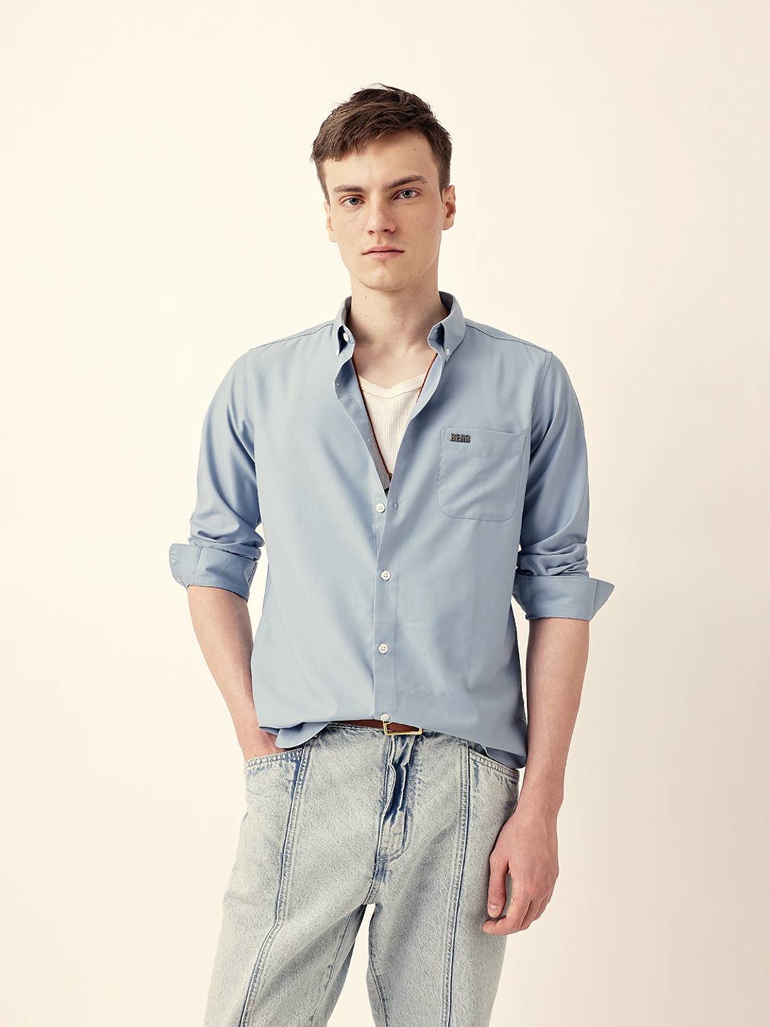 THE BEAR HOUSE Men Solid Casual Light Blue Shirt