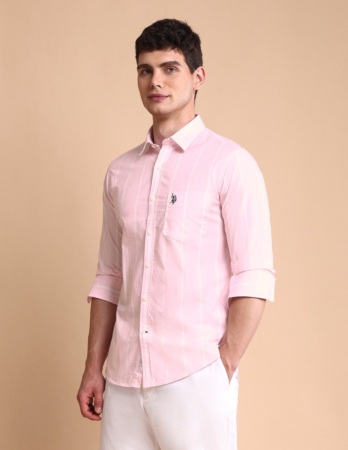 Image of U.S. POLO ASSN. Men Striped Casual Pink Shirt