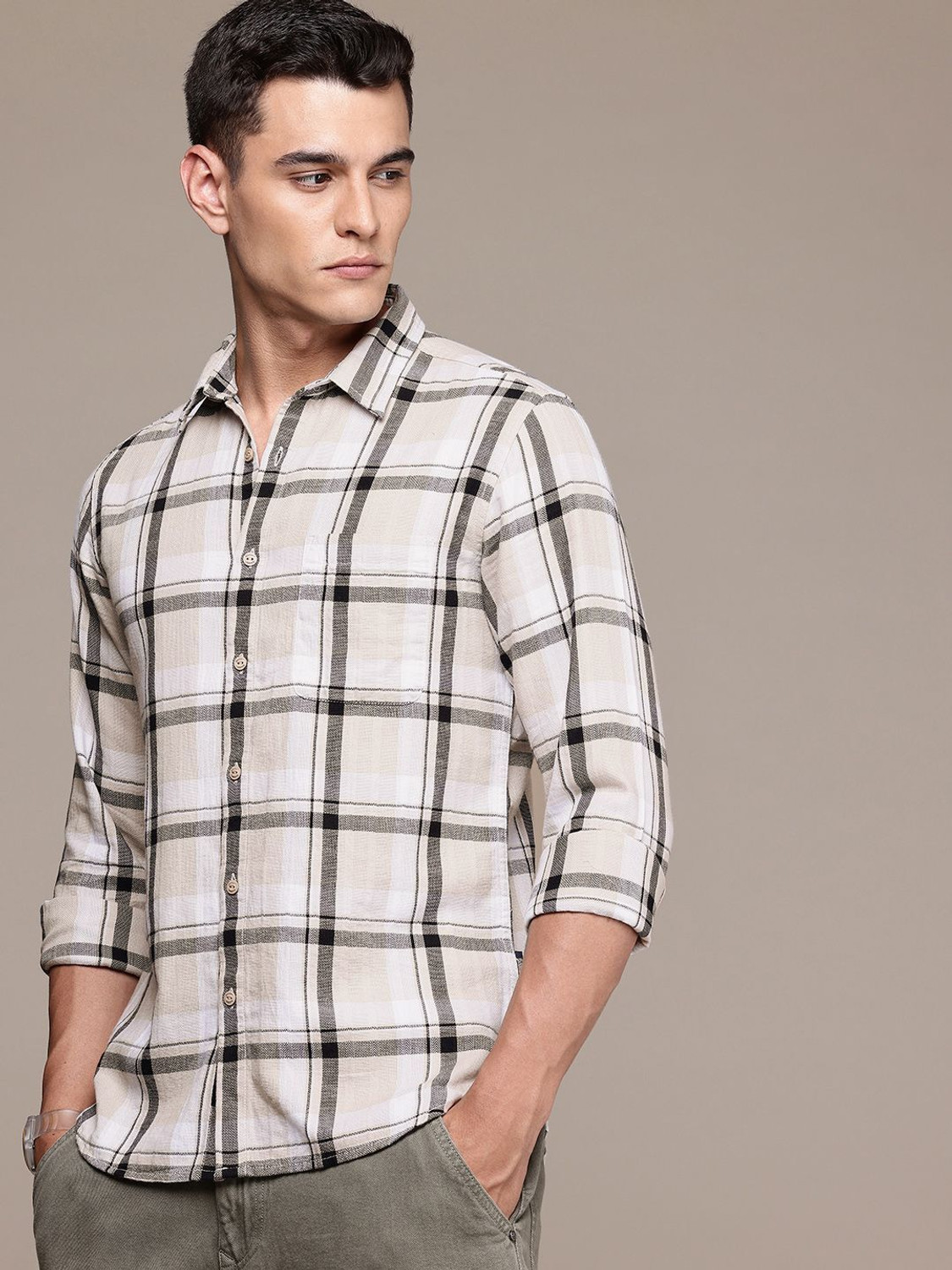 Image of Roadster Men Checkered Casual Beige Shirt