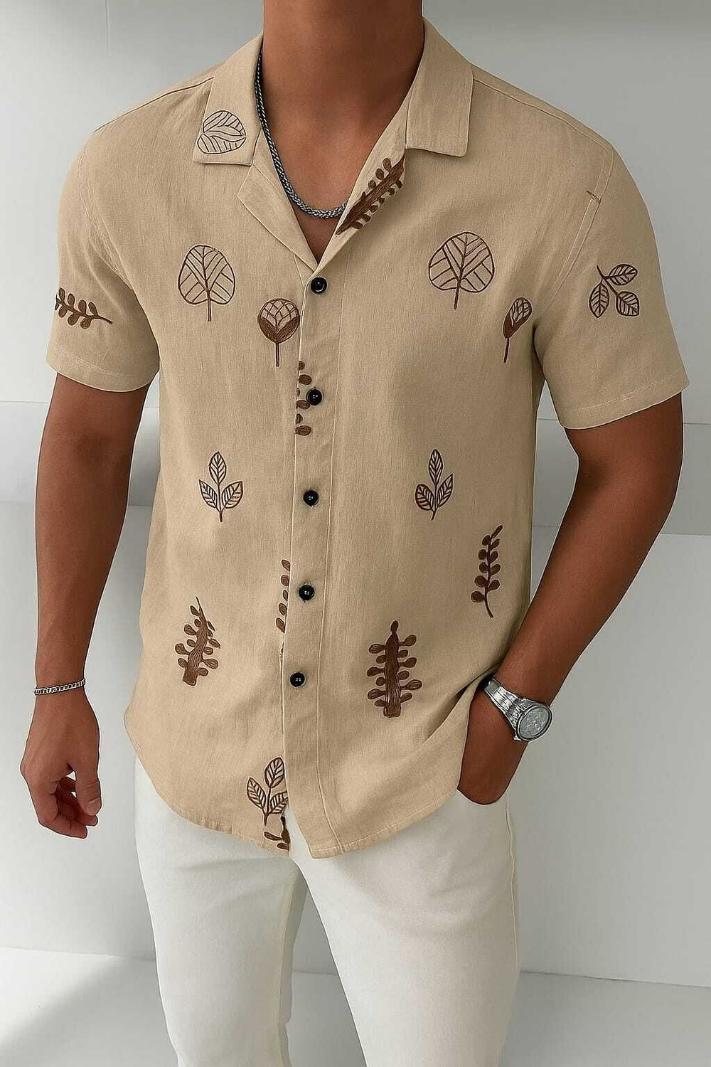 Image of LEMZODIC Men Embroidered Casual Beige Shirt