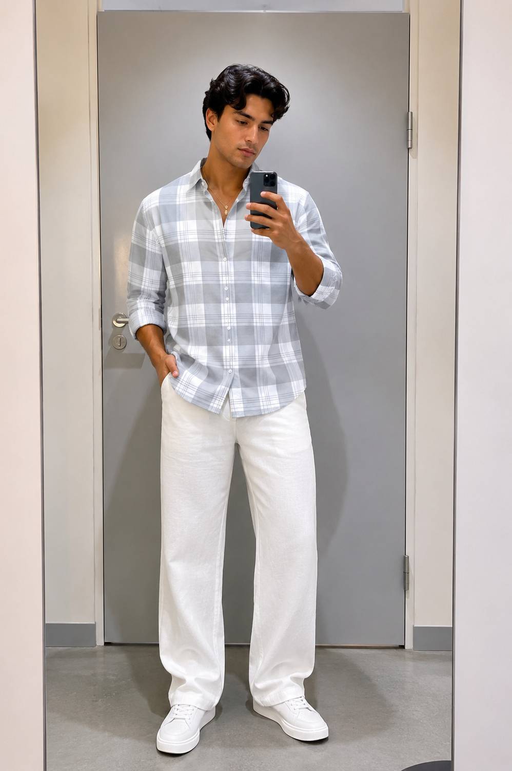 SHIRTZONE Men Checkered Casual Grey Shirt - Image 1