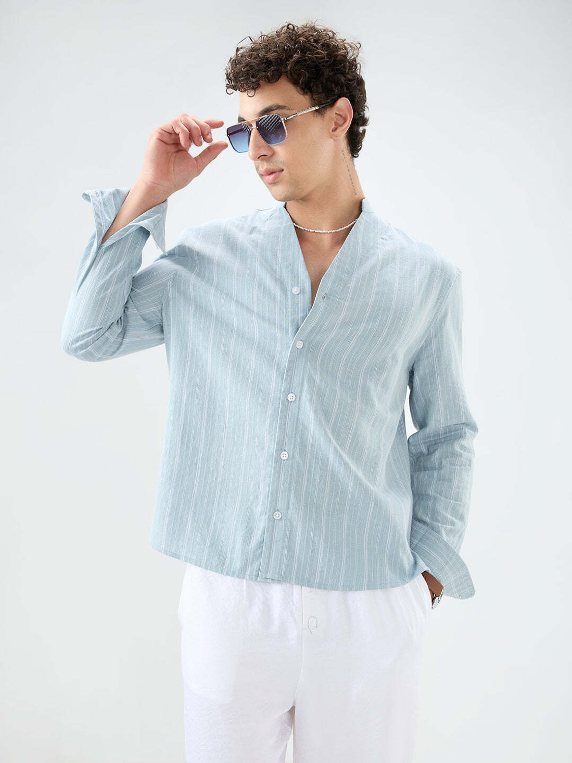 Image of VASTRADO Men Regular Fit Striped Collarless Collar Casual Shirt