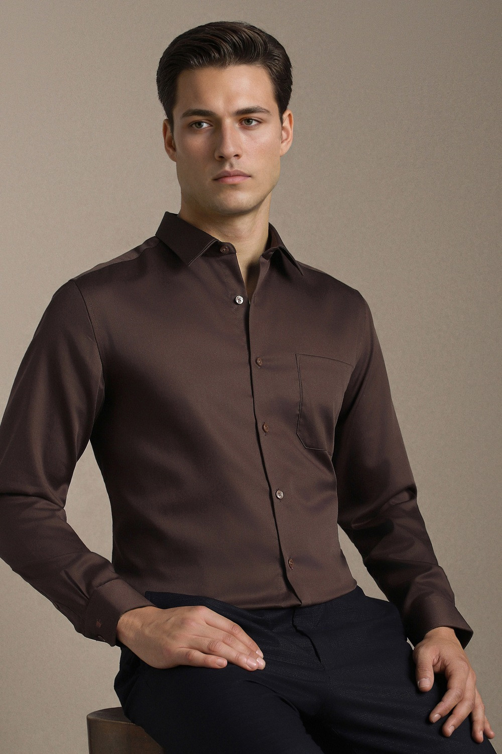 Image of LOUIS PHILIPPE Men Solid Formal Brown Shirt