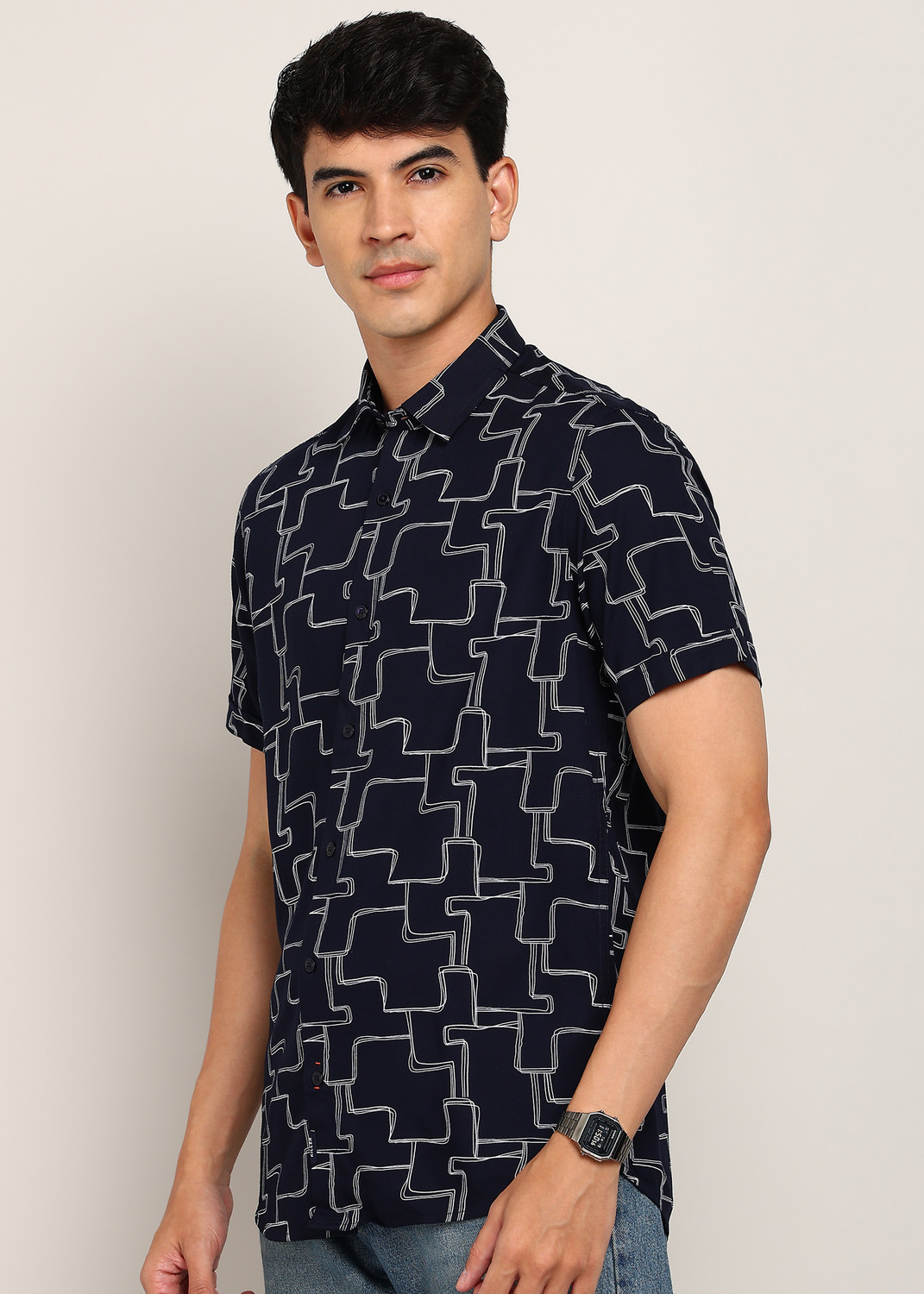 Image of KILLER Men Printed Casual Dark Blue Shirt
