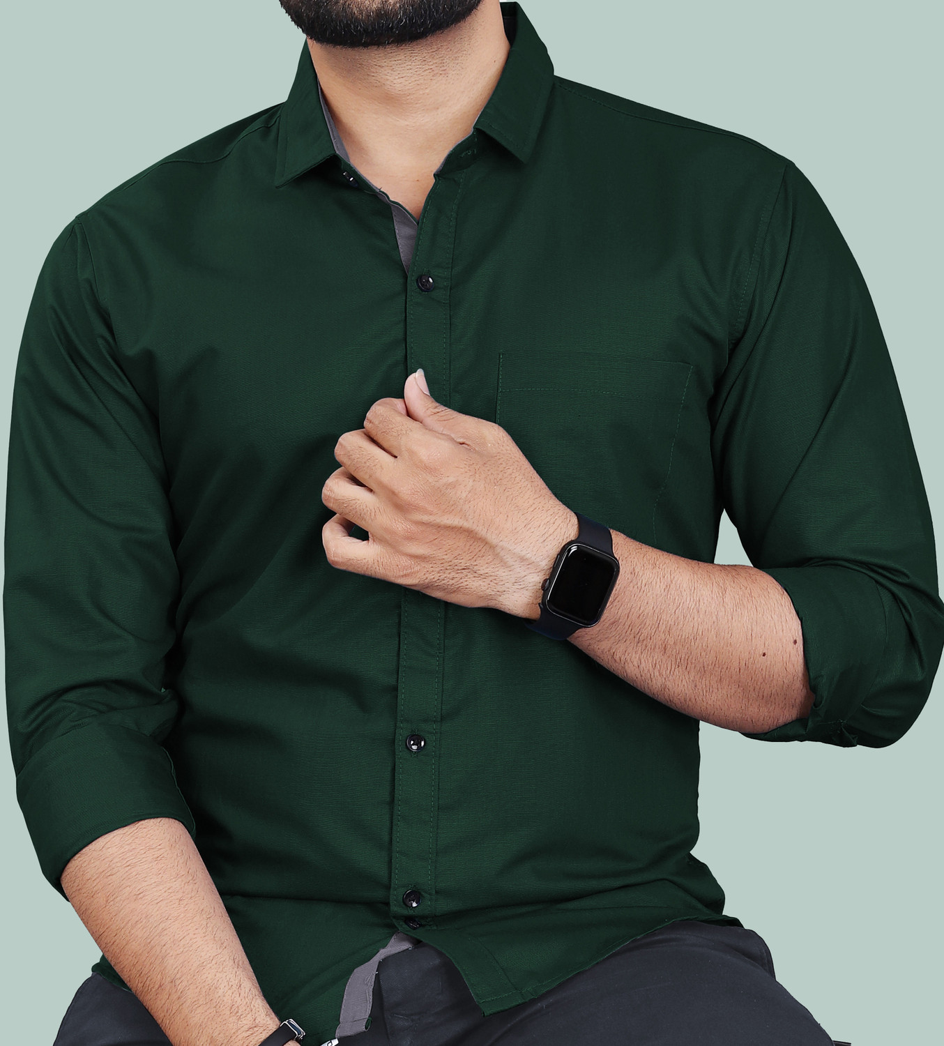 Image of VAAADDO Men Solid Casual Dark Green Shirt