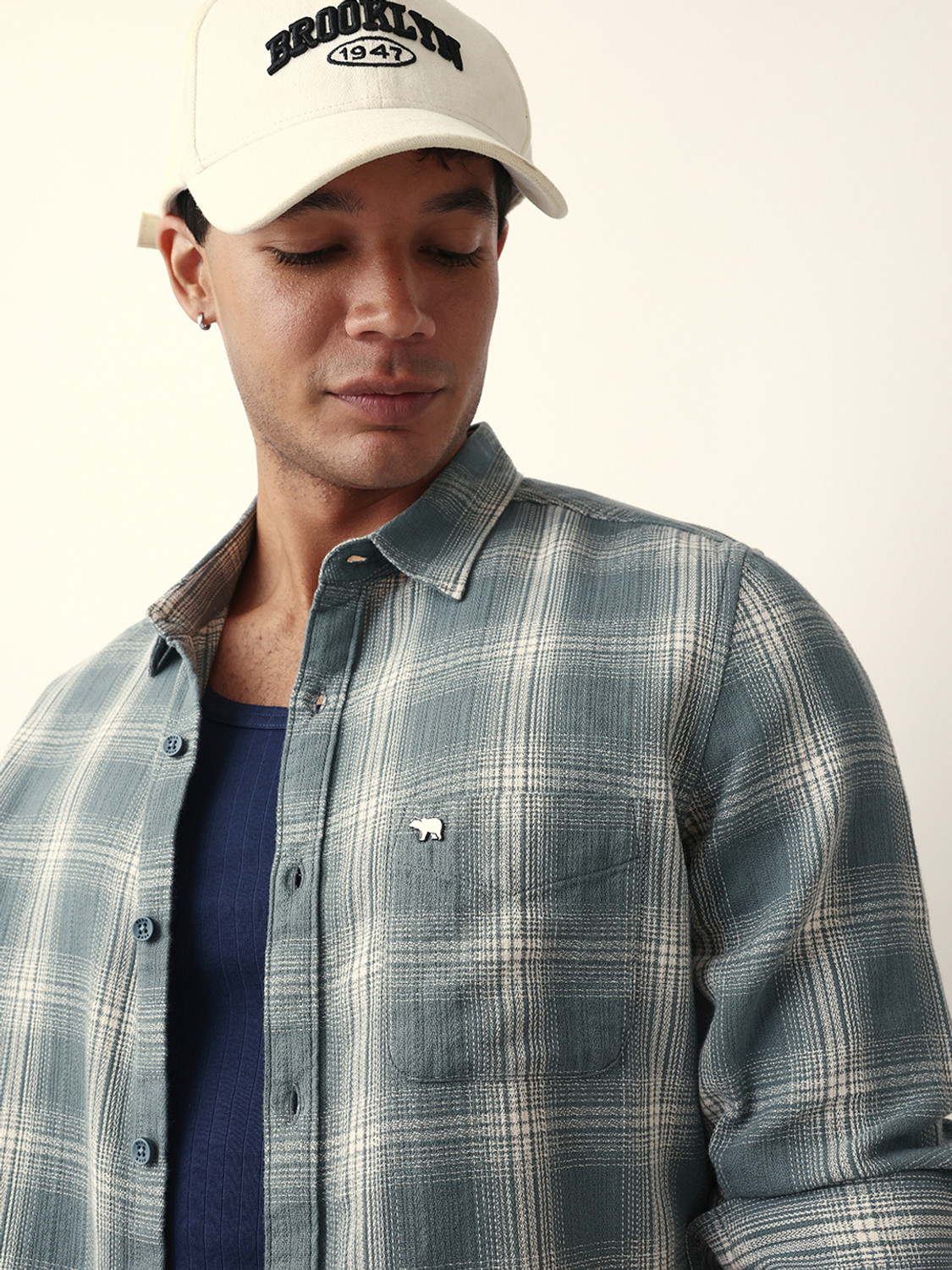 Image of THE BEAR HOUSE Men Checkered Casual Blue Shirt
