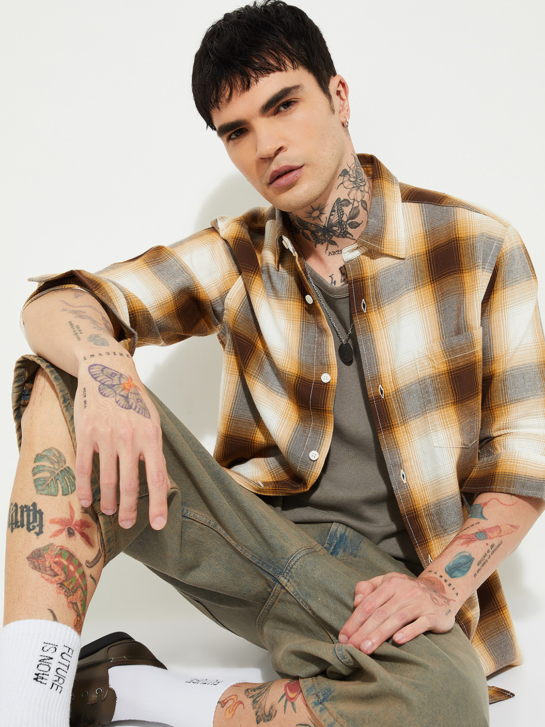 Image of MAX Men Checkered Casual Yellow Shirt