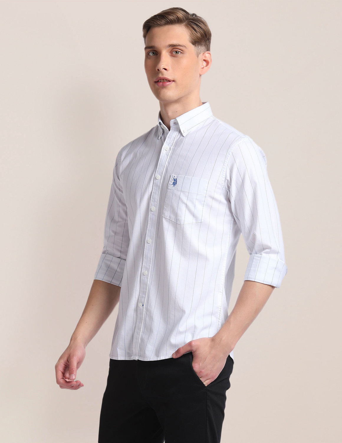Image of U.S. POLO ASSN. Men Striped Casual White, Blue Shirt