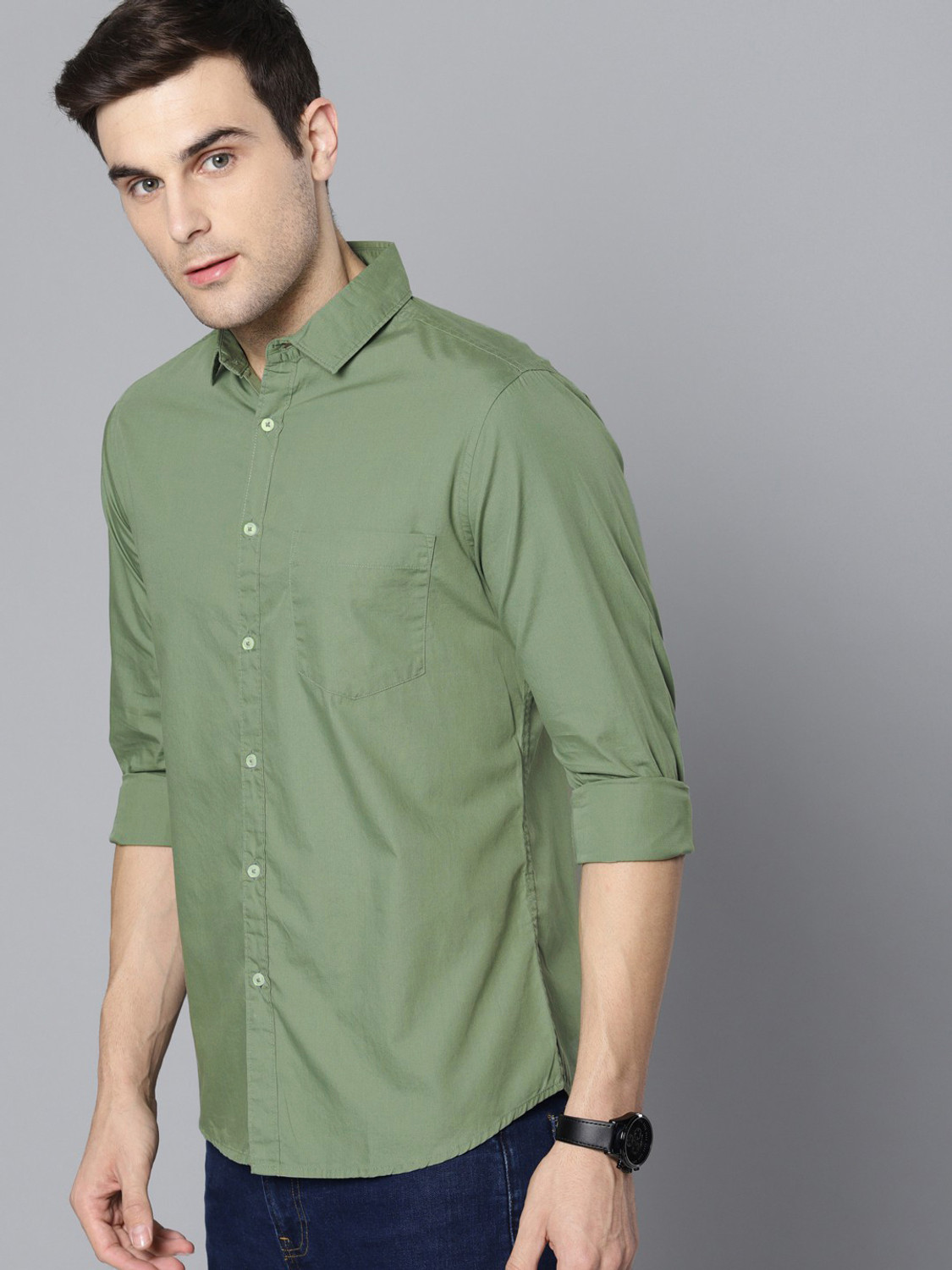 Image of PROVOGUE Men Solid Casual Green Shirt