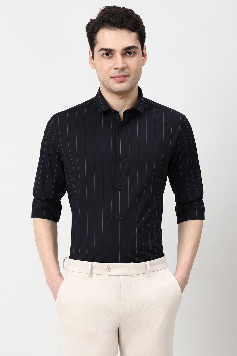 Image of PETER ENGLAND Men Striped Formal Black Shirt