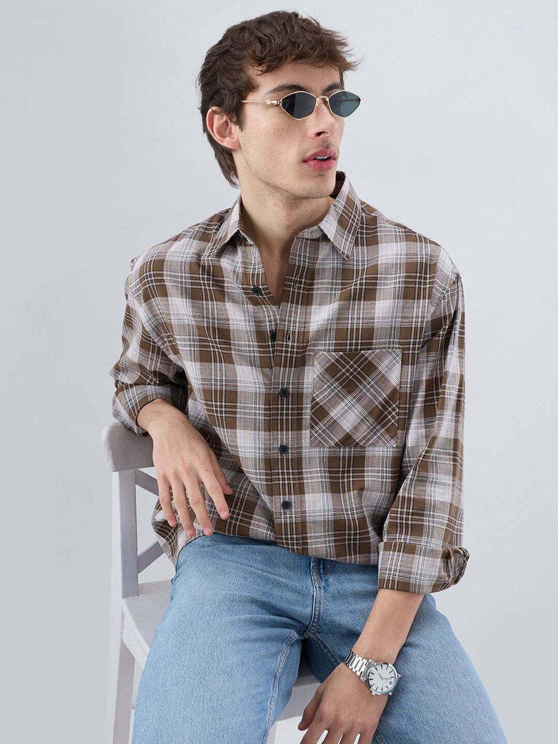 VASTRADO Men Checkered Casual Brown Shirt - Image 4