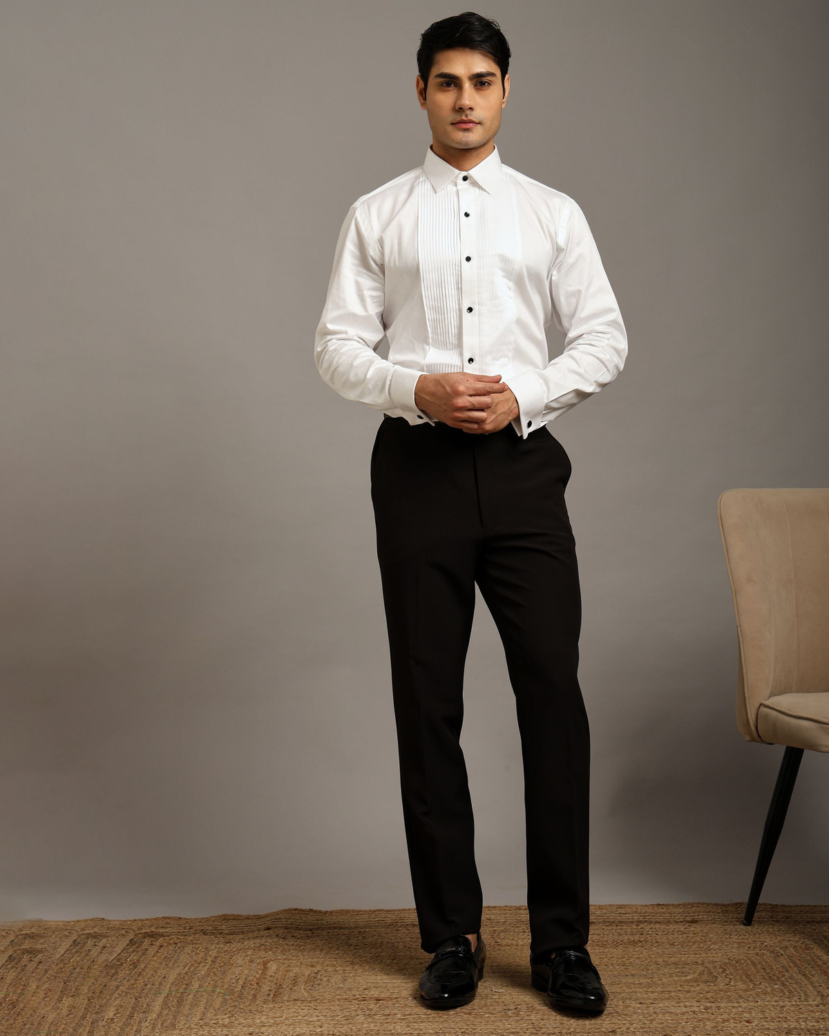 Image of Crease India Men Self Design Formal White Shirt