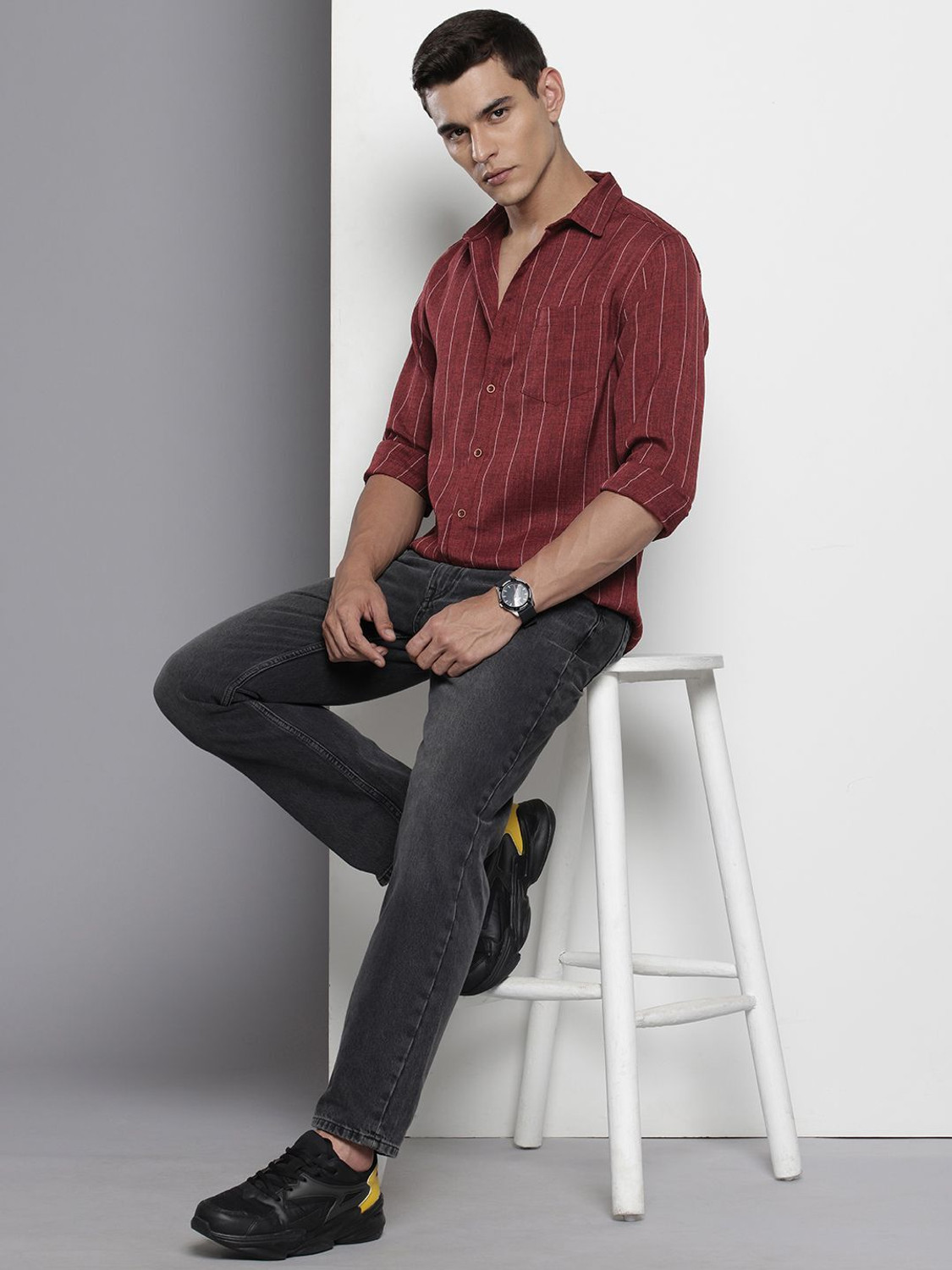 Image of The Indian Garage Co. Men Striped Casual Maroon Shirt