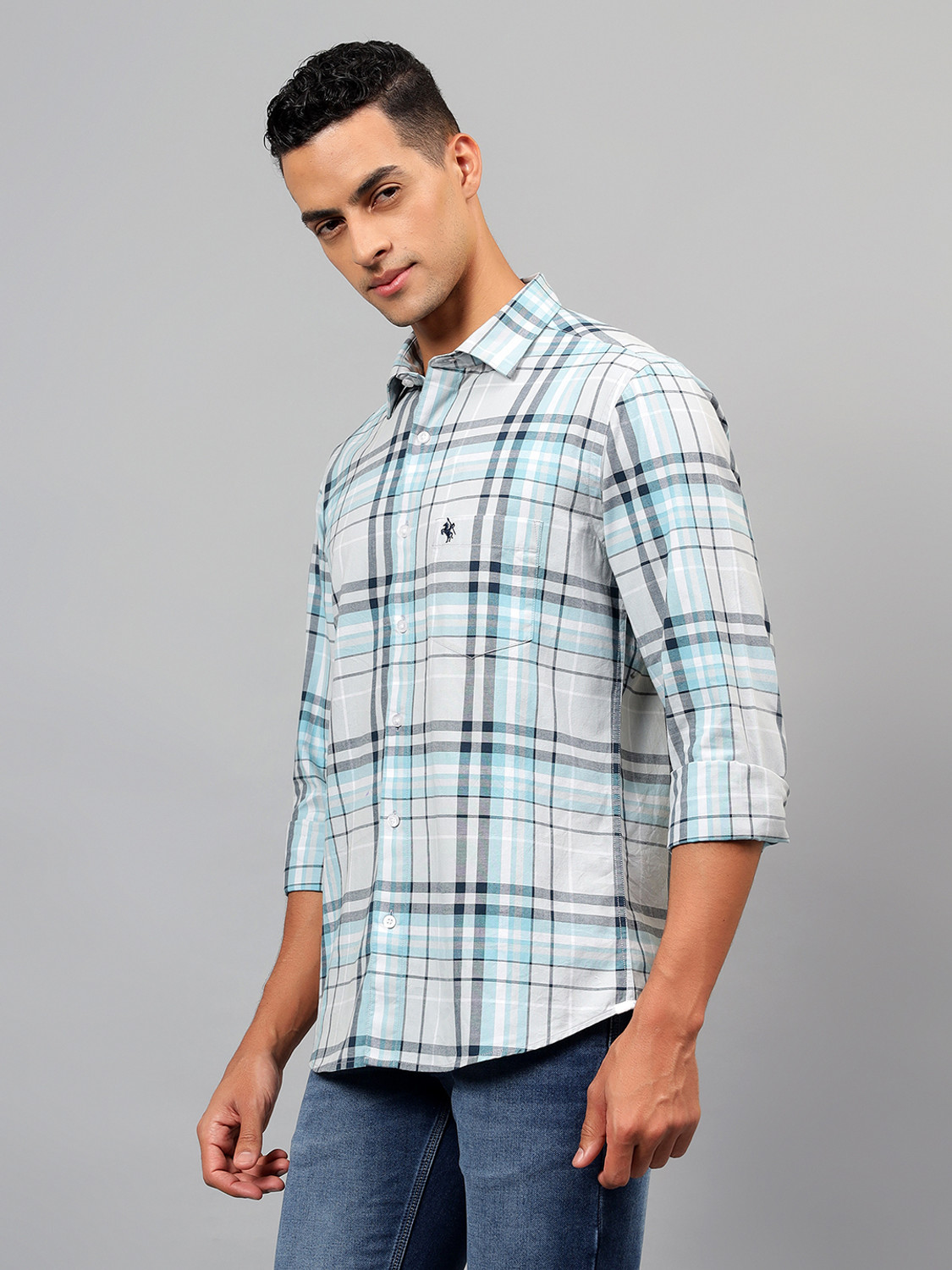 Image of CANTABIL Men Checkered Casual Grey Shirt