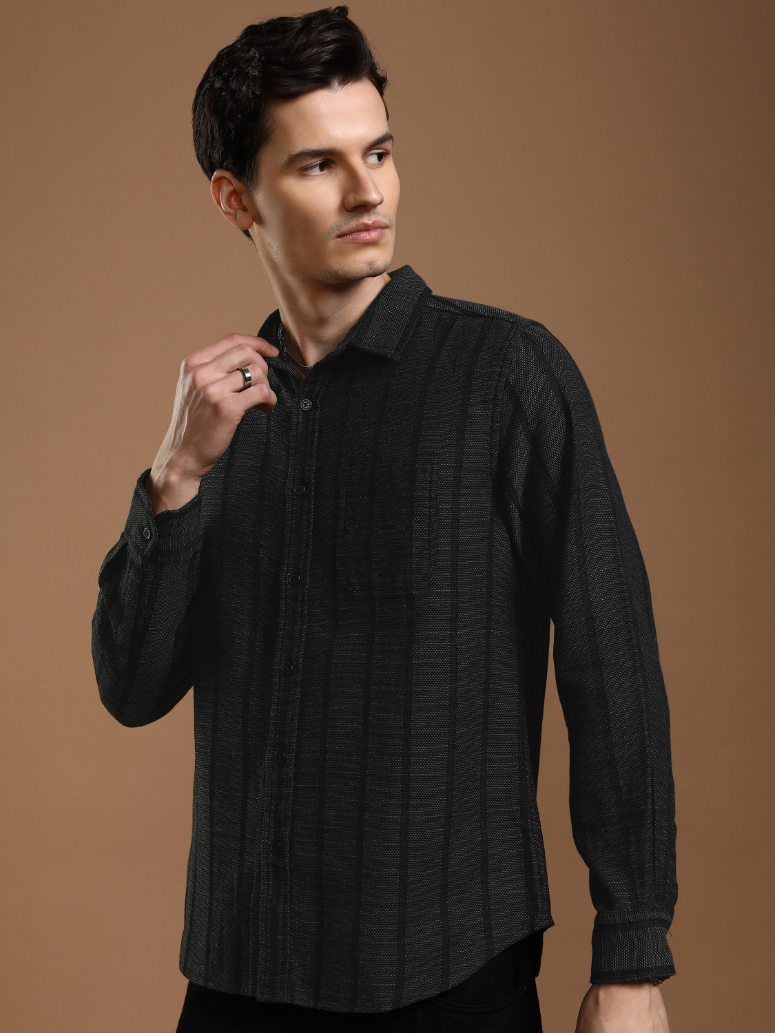 Image of HIGHLANDER Men Striped Casual Black Shirt