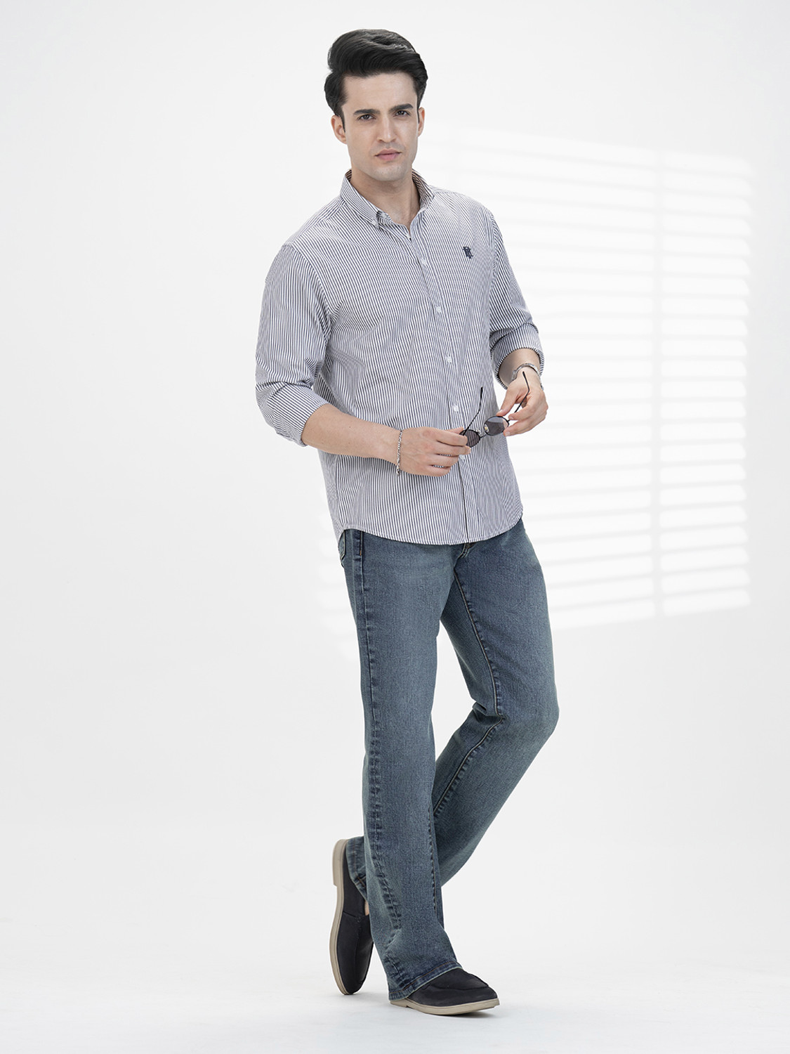 Image of RED TAPE Men Striped Casual Grey Shirt